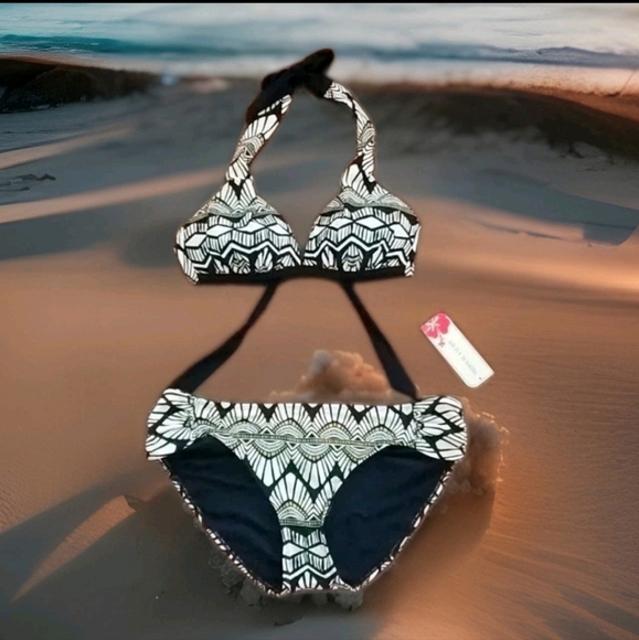Tropical Escape Geometric Halter Bikini with Raunched Thigh High Legged Bottoms - Picture 1 of 11